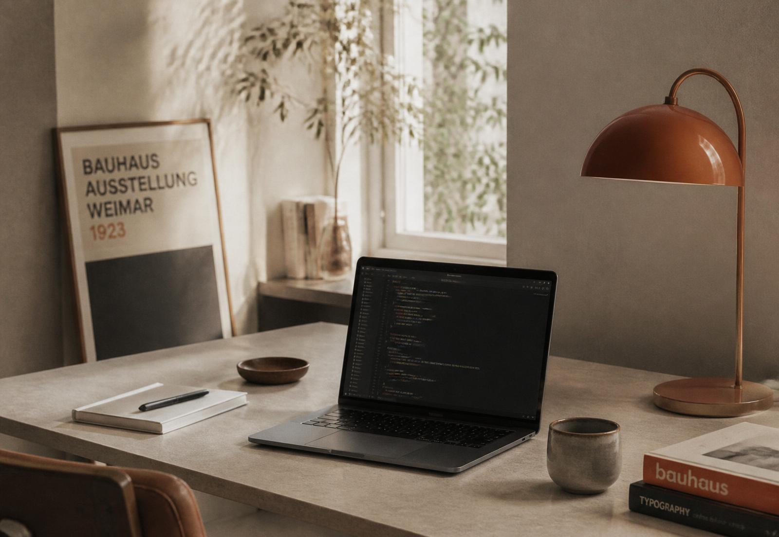 Minimal workspace with a laptop showing code